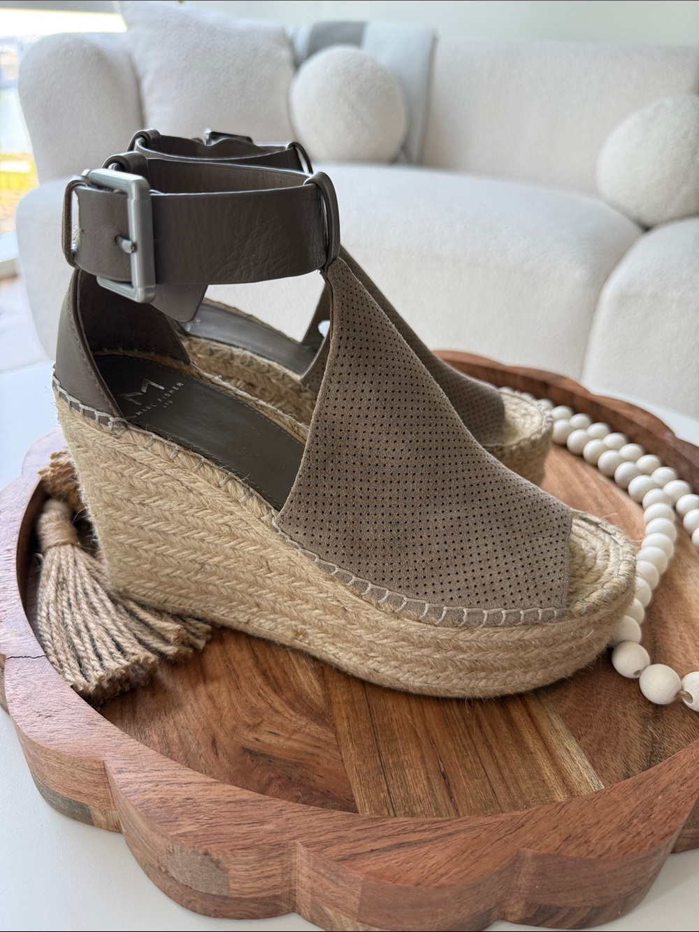 Marc Fisher Taupe Perforated Suede Espadrille Wedges